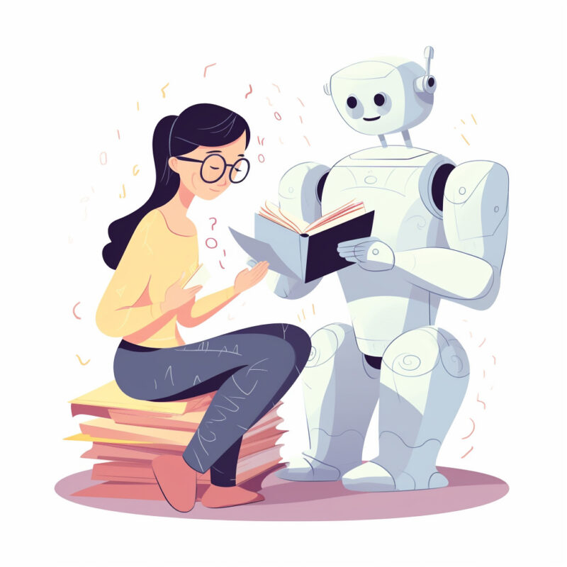 ロボットが女性に読み方を教える